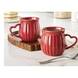 Two (2) ~ Pioneer Woman COLETTE ~ 12 Ounce ~ RED ~ Heart Handle ~ Stoneware Mugs